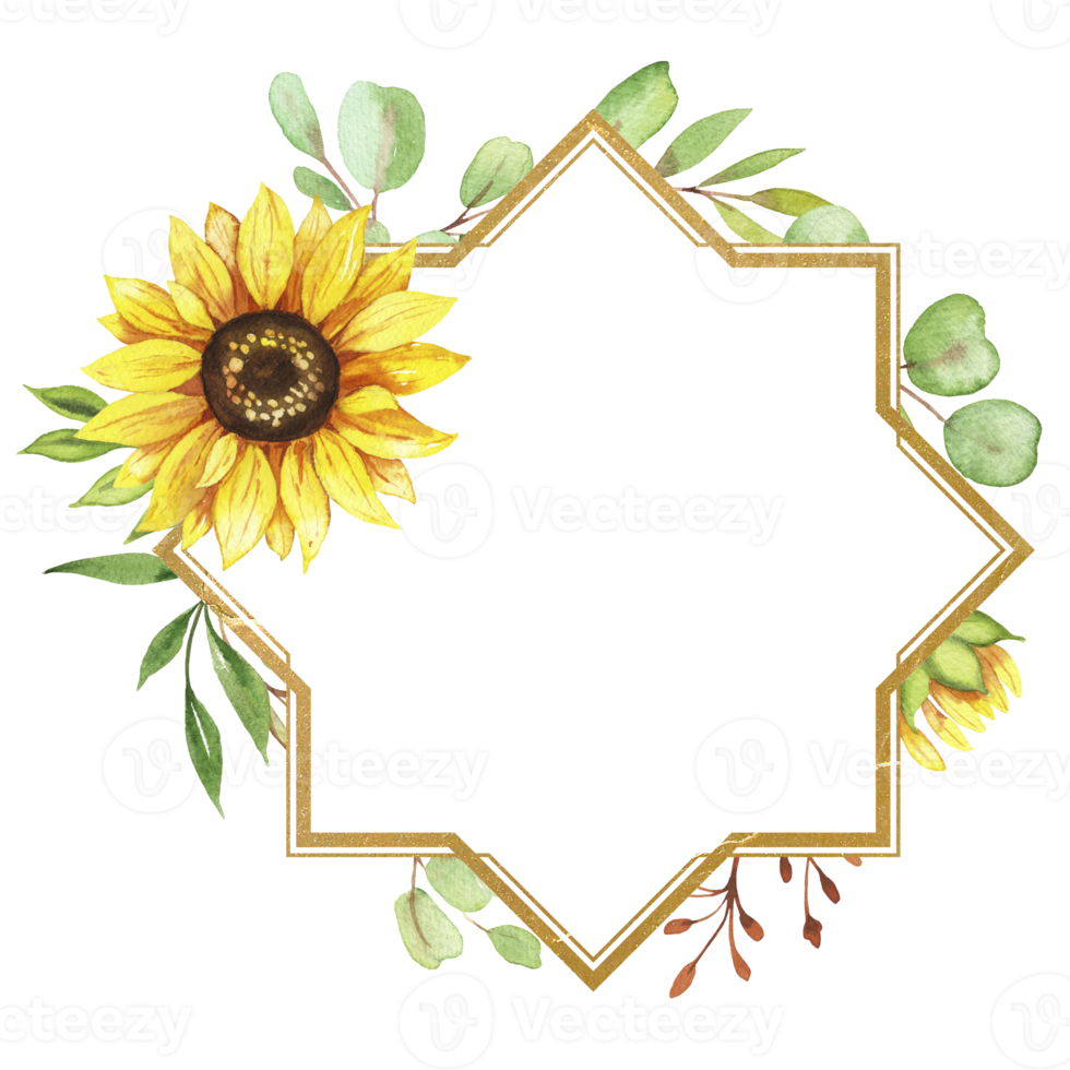 golden frame with sunflower flowers, watercolor illustration png