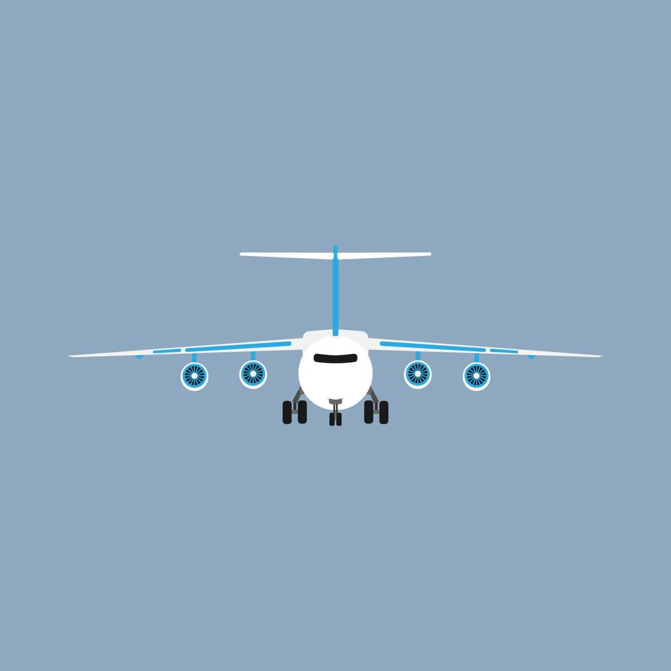 Airliner transportation journey white plane front view. Tourist travel airbus vector flat