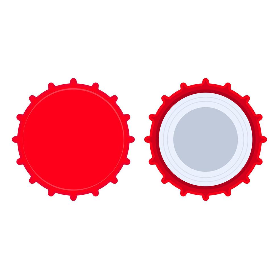 Bottle cap red liquid object set clean template. Beer circle pictogram flat vector icon top view. Metal badge  soda