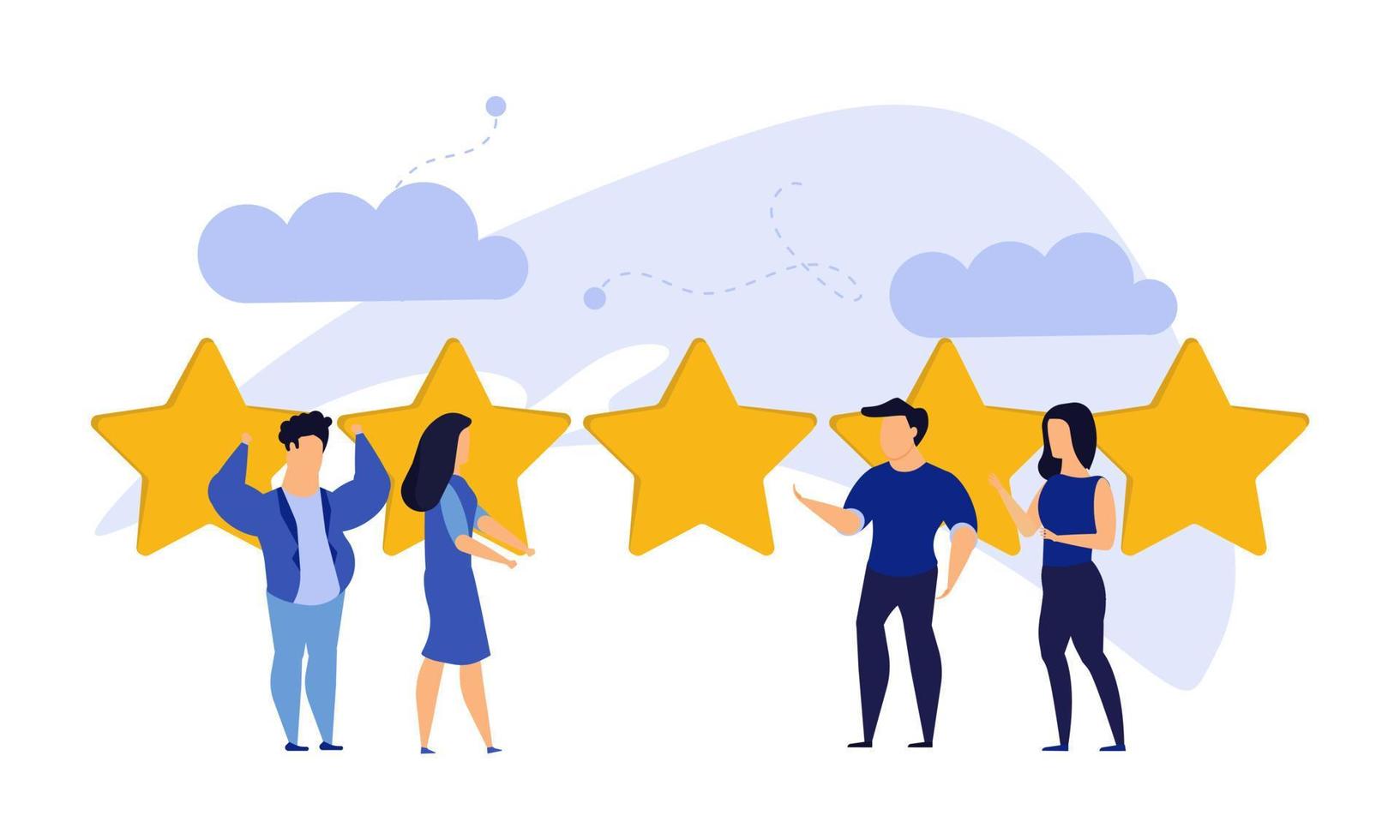 Customer review five star choice vector illustration satisfaction man and woman. Concept business success feedback good quality service. Best rate background experience vote client banner. Award like