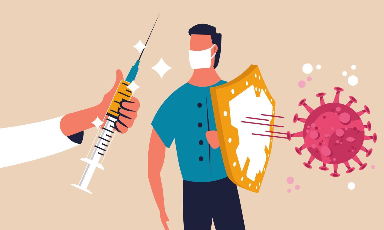 Coronavirus biohazard health care concept. Corona cure disease doctor flu illness immunity infected. Man make medical injection vaccination. Immunization with hand and needle vector illustration