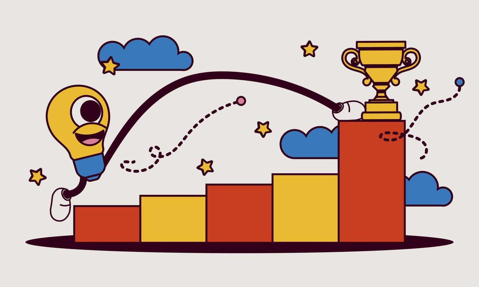 Achievement target career challenge vector flat illustration. Character kpi walking steps to gold cup. Job journey business success leader ambition. Goal progress up climbing performance banner