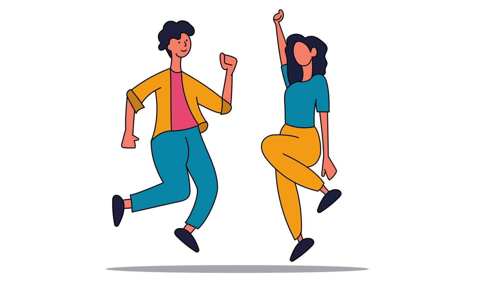 Woman and man happy jump and fun celebration. Happiness group friend jumping and freedom vector illustration concept. Friendship character active expression and emotion. Student lifestyle and victory