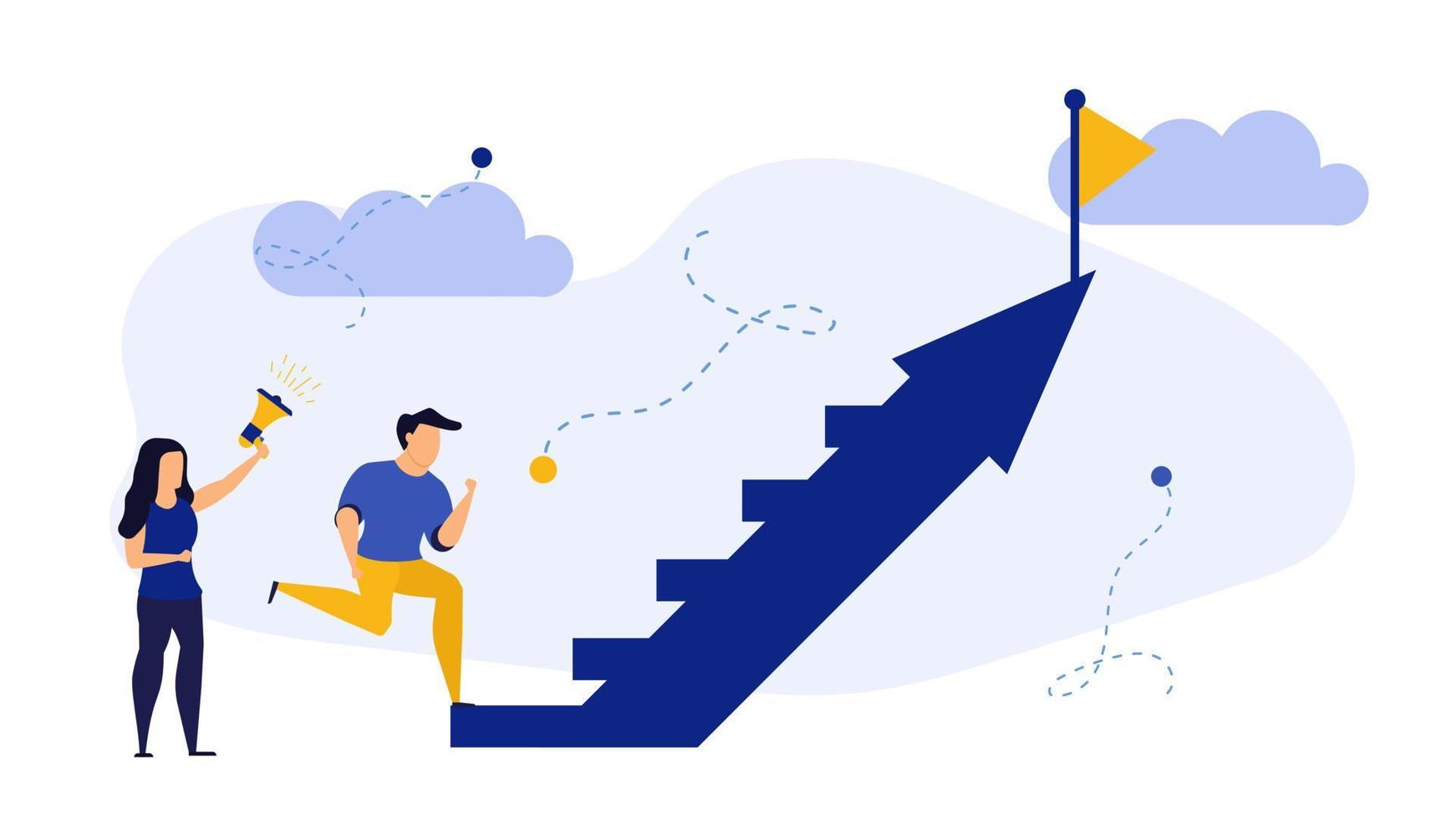 Success people step up on arrow vector promotion team business illustration concept. Successful businessman design background achievement victory celebration career. Award leader target future