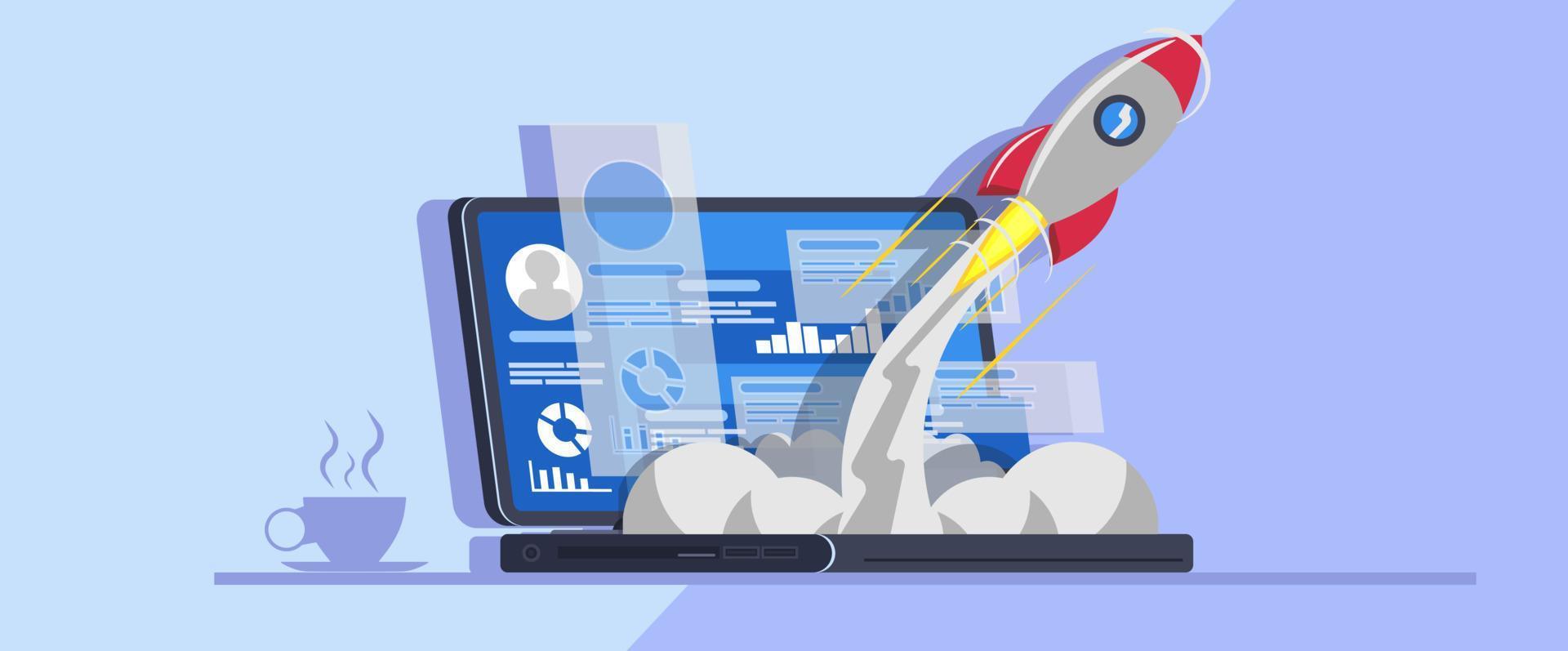 lanzar un nuevo proyecto de inicio desde la ilustración del vector de la computadora portátil. solución de éxito empresarial tecnología de diseño plano. comience el cohete creativo hasta la pancarta del cielo. producto de innovación de estrategia de desarrollo informático.