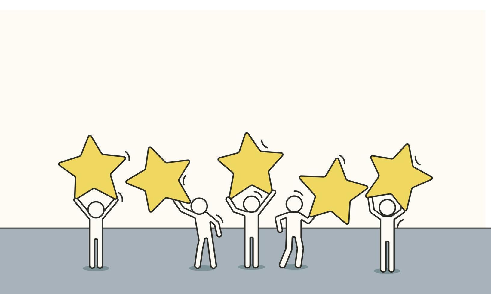 Doodle sketch customer review five star people rating feedback. Business concept satisfaction illustration service flat person. Quality opinion client evaluation experience support. Online ranking vector