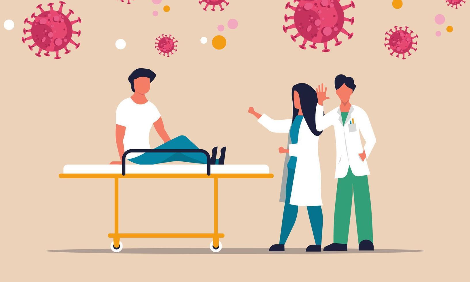 traslado crítico de pacientes de emergencia en la cama del hospital. equipo de la clínica médica coronavirus er. infección por el virus de la corona de la neumonía. ilustración vectorial cuidado de la persona personaje de dibujos animados terapia ambulancia covid vector