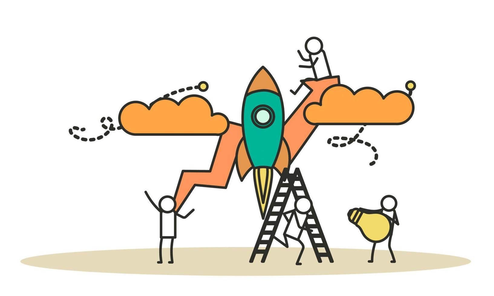 Business analytics in cloud arrow vector leadership company. People challenge teamwork up. Flat job marketing concept illustration. Growth with rocket investment service. Man and woman trend result