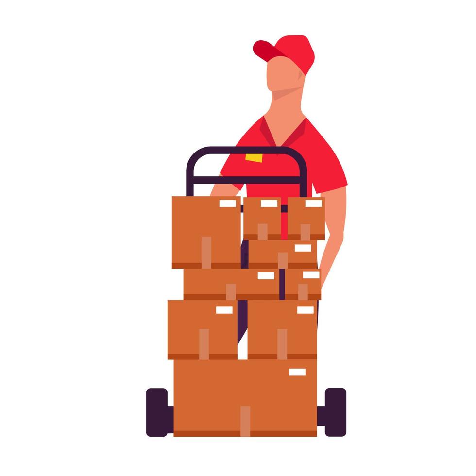 Courier service shipping delivery package. Transportation business and logistic express order. Man shipment and cargo delivering online. Container deliver and distribution mail post. Postal commercial vector