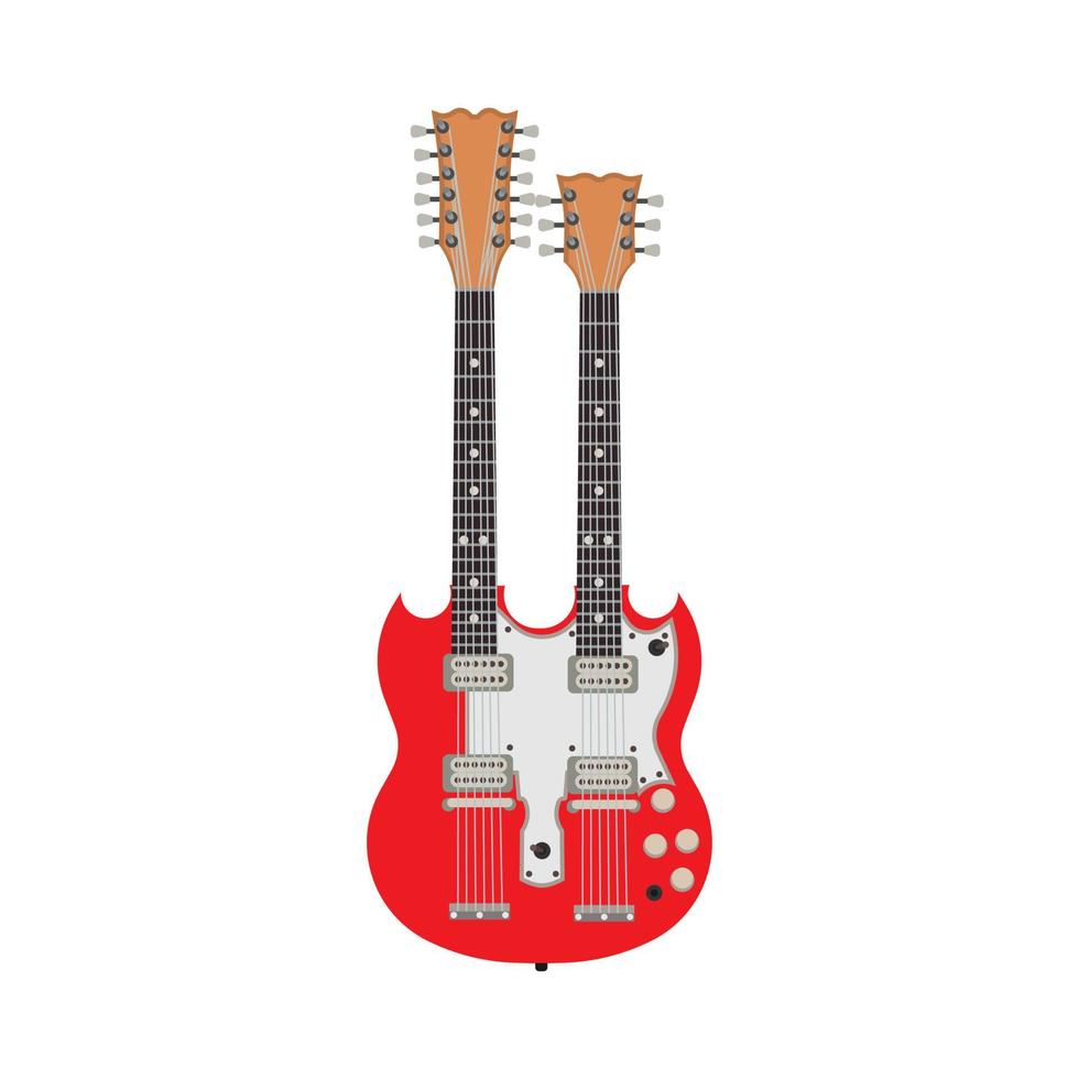 Double red electric guitar vector illustration rock instrument. Two flat design equipment bass. Isolated jazz song icon. Vintage body symbol metal concert entertainment