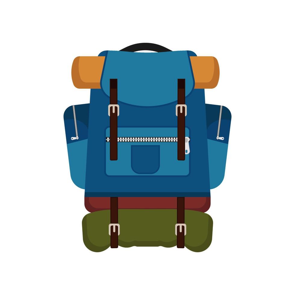 Backpack vector bag illustration luggage travel equipment. Knapsack blue tourism adventure camping hiking supply mountain