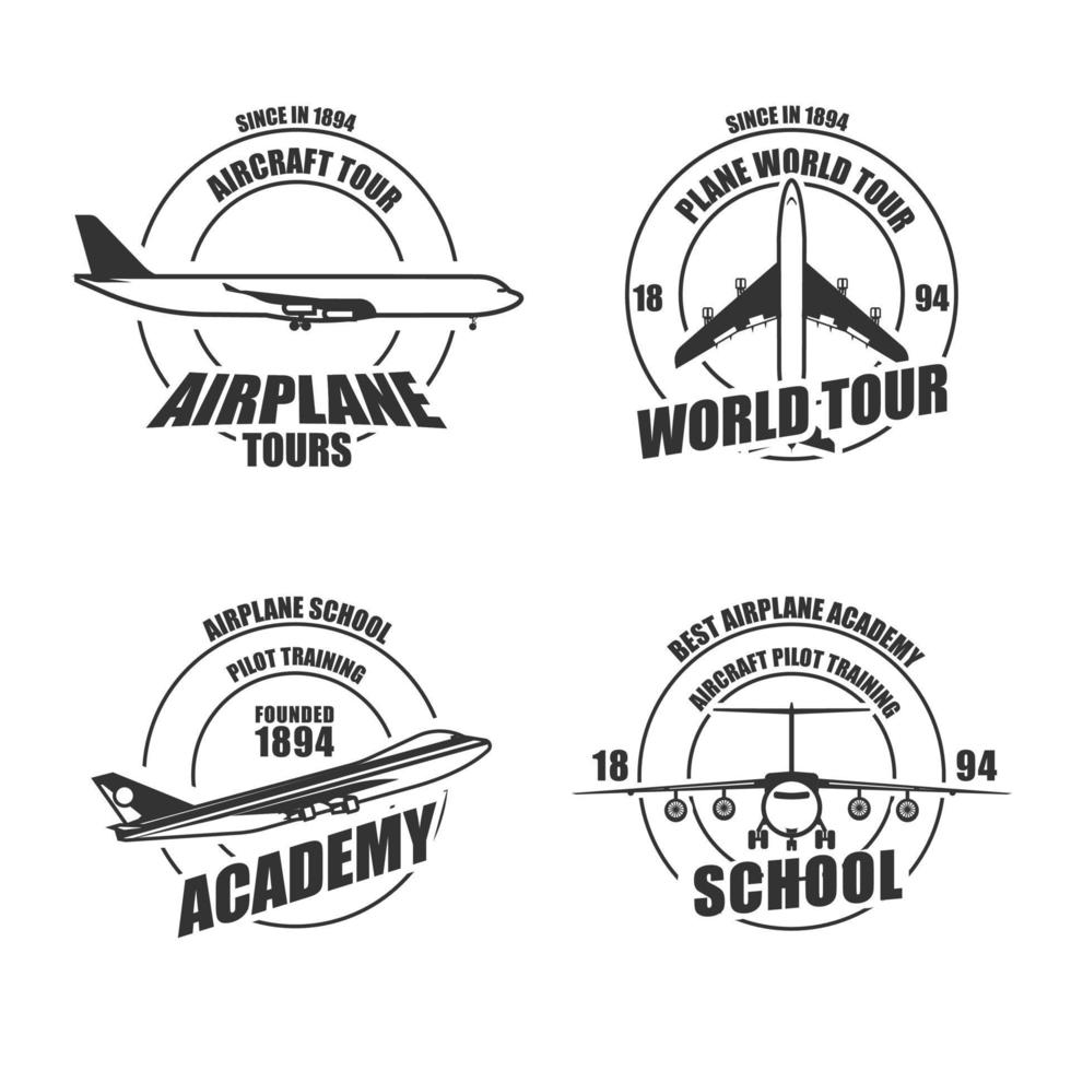 Airplane badge vector air aviation illustration emblem. Aircraft label vintage design symbol. Travel logo academy jet retro sign. Adventure sticker school business airline