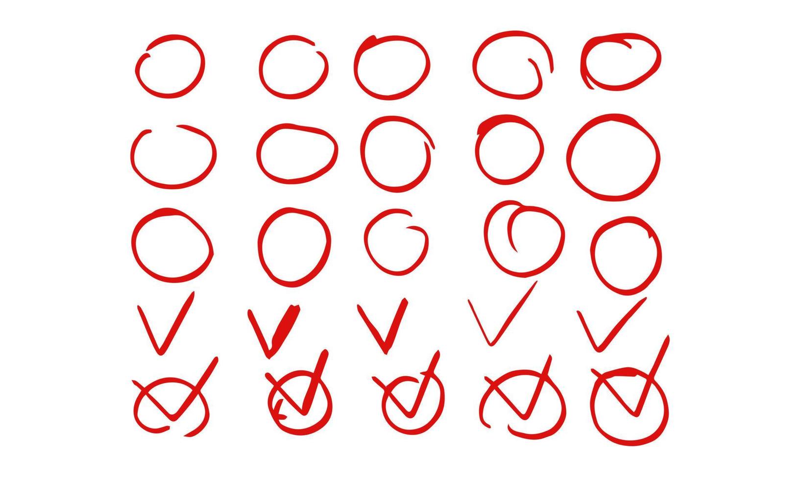 Set of hand drawn highlight red circles and check mark icons. Decorative design elements collection. Vector illustratiob collection circles and mark concept