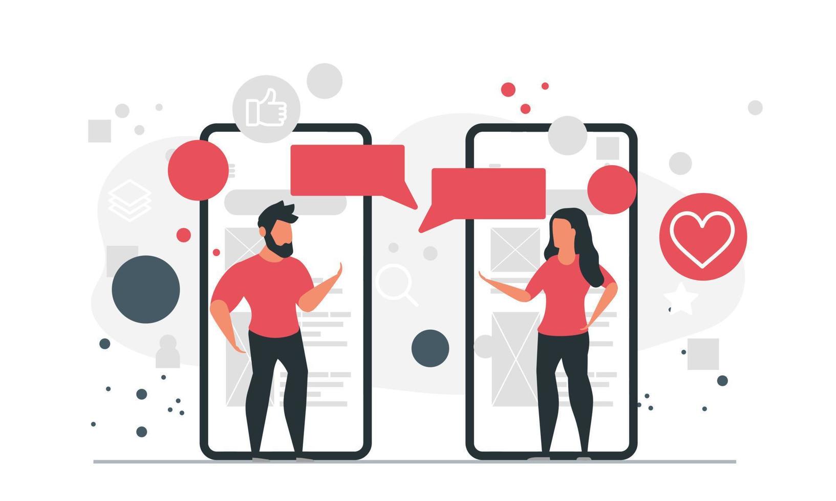 People chatting online via mobile devices. Man and woman communicate through social messengers concept vector illustration