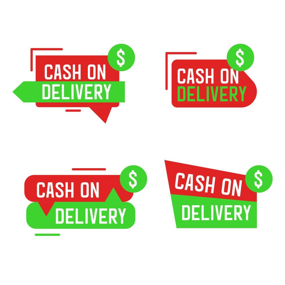 Cash on delivery badge collection on red and green colors. Set badg cash on delivery shipping service payment. Express courier label vector illustration