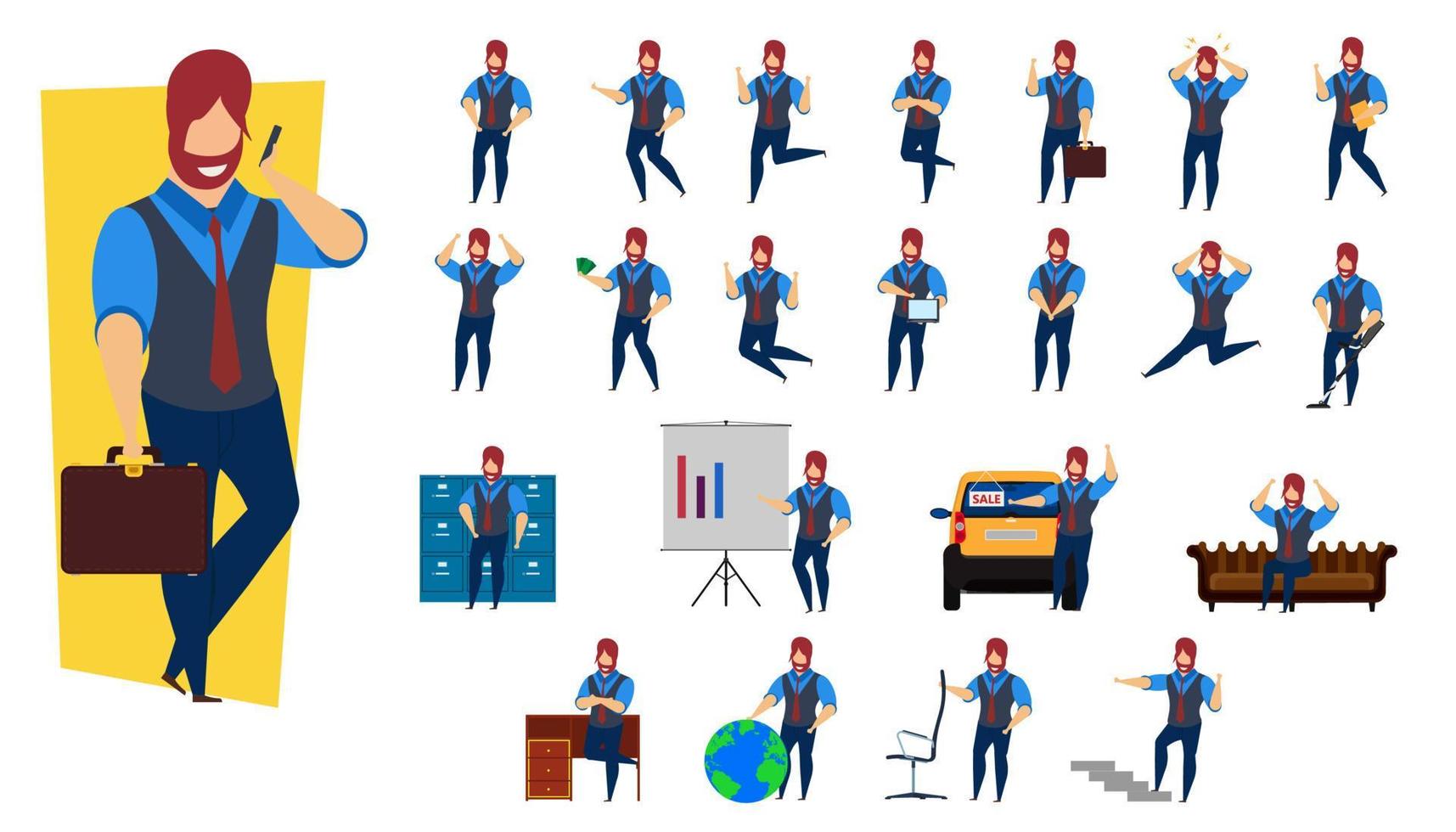 establecer diseño de personajes de ilustración de vector de persona de negocios. hombre de negocios profesional de dibujos animados oficina joven trabajador humano concepto de trabajo. chico de finanzas de empleados planos corporativos. pose de personal de líder feliz