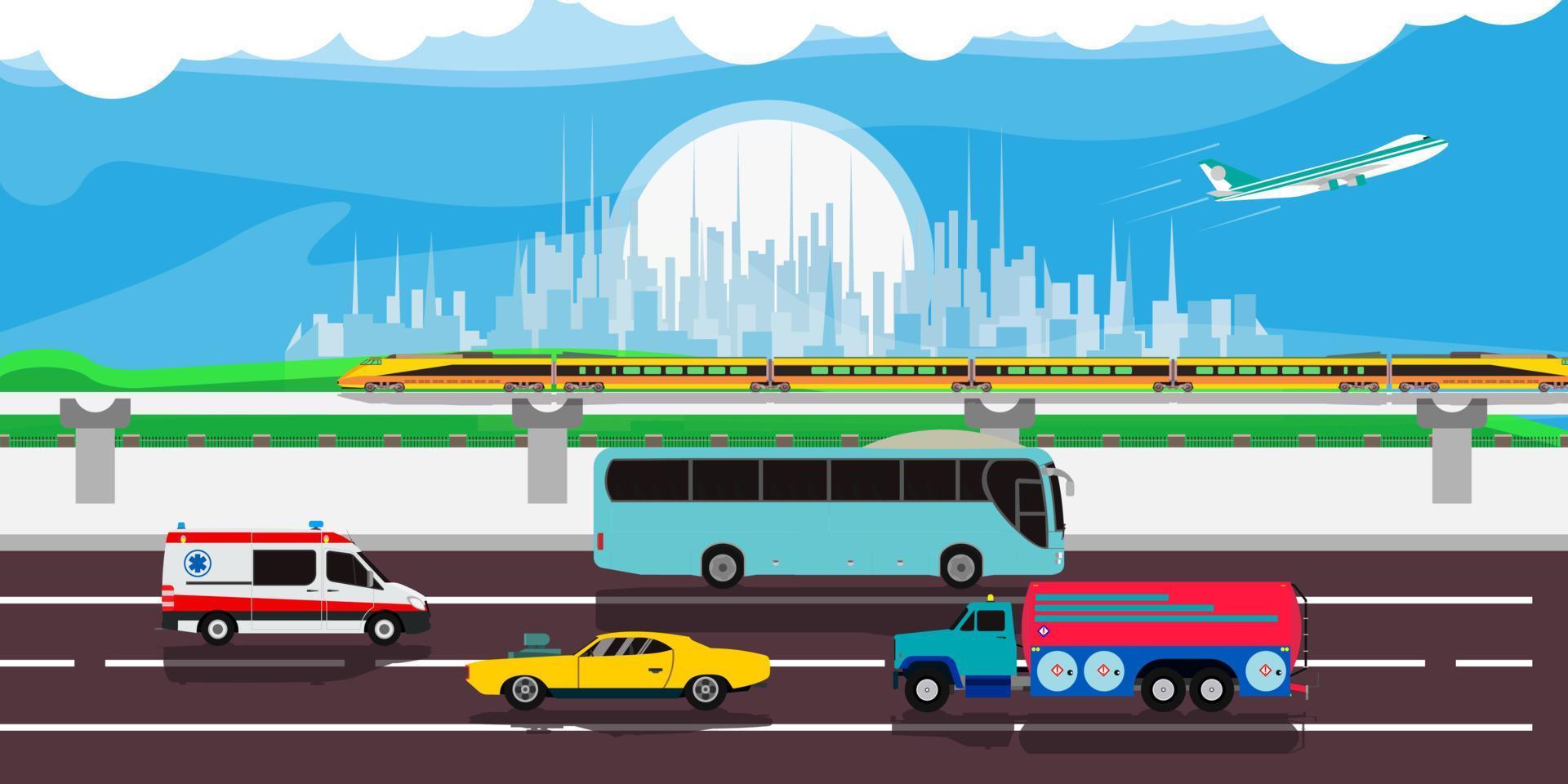 fondo de vector de ilustración urbana de tráfico de paisaje urbano. caricatura moderna del paisaje del horizonte del centro de la calle. pancarta panorámica de escena plana. carretera de la metrópoli del arte