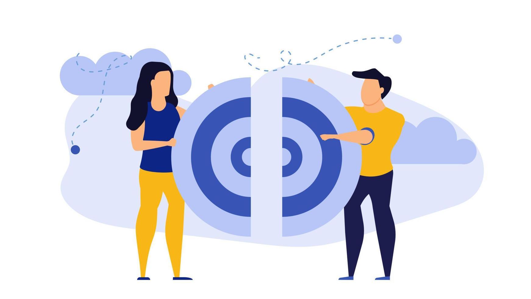 Target business puzzle concept vector illustration teamwork people. Businessman team strategy communication success. Idea jigsaw piece symbol. Connection goal cooperation partnership support together