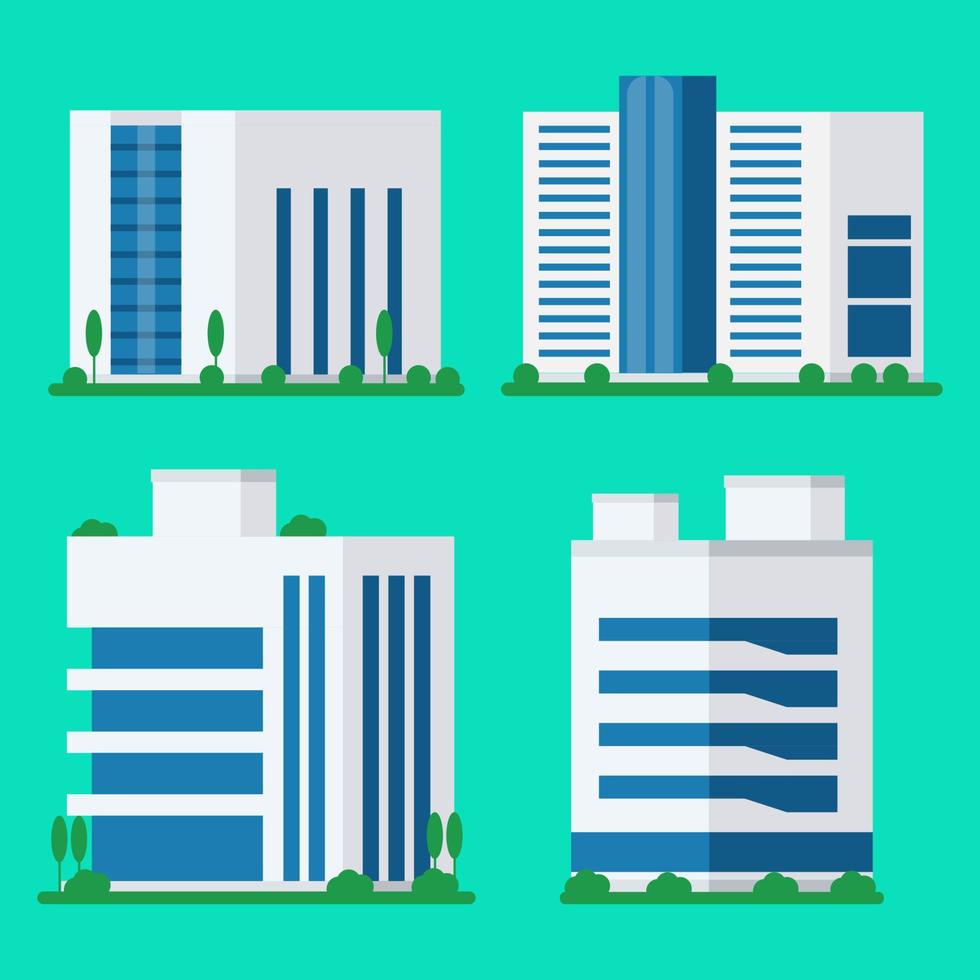 Collection of office modern building icons. Business buildings logos for office work isolated architecture. White skyscrapers commercial buildings vector illustration