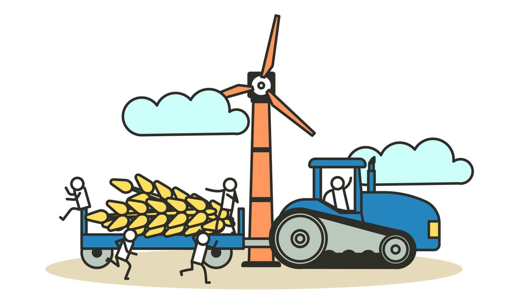 Vector illustration harvest wheat ears agriculture farmer. Man with tractor and windmill crop work background. Nature food plant garden organic. Rural eco poster gather agronomy concept
