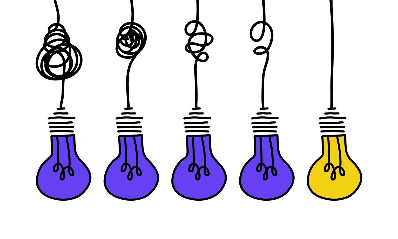 Simplification concept art with light bulb idea. Simple and creative think or search creative idea. Difficulty curve doodle path chaos. Untangle curve complex scribble vector illustration Problem way