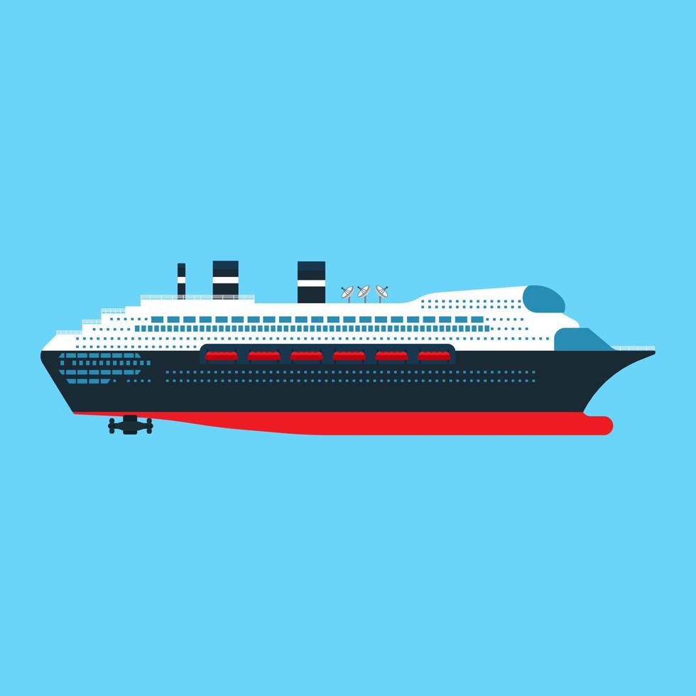 Cruise ship side view vector flat icon. Ocean boat travel journey transport. Sea luxury blue vessel vacation. Summer large liner cartoon