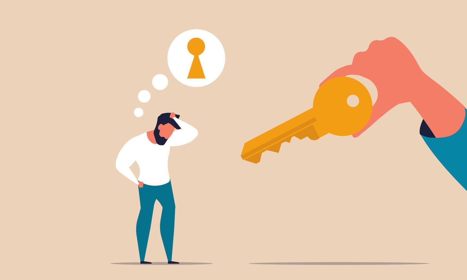 Key marketing and unlock solution to business. Finance exit and future motivation career vector illustration concept. Opportunity to solving problem and strategy think. Innovation market target