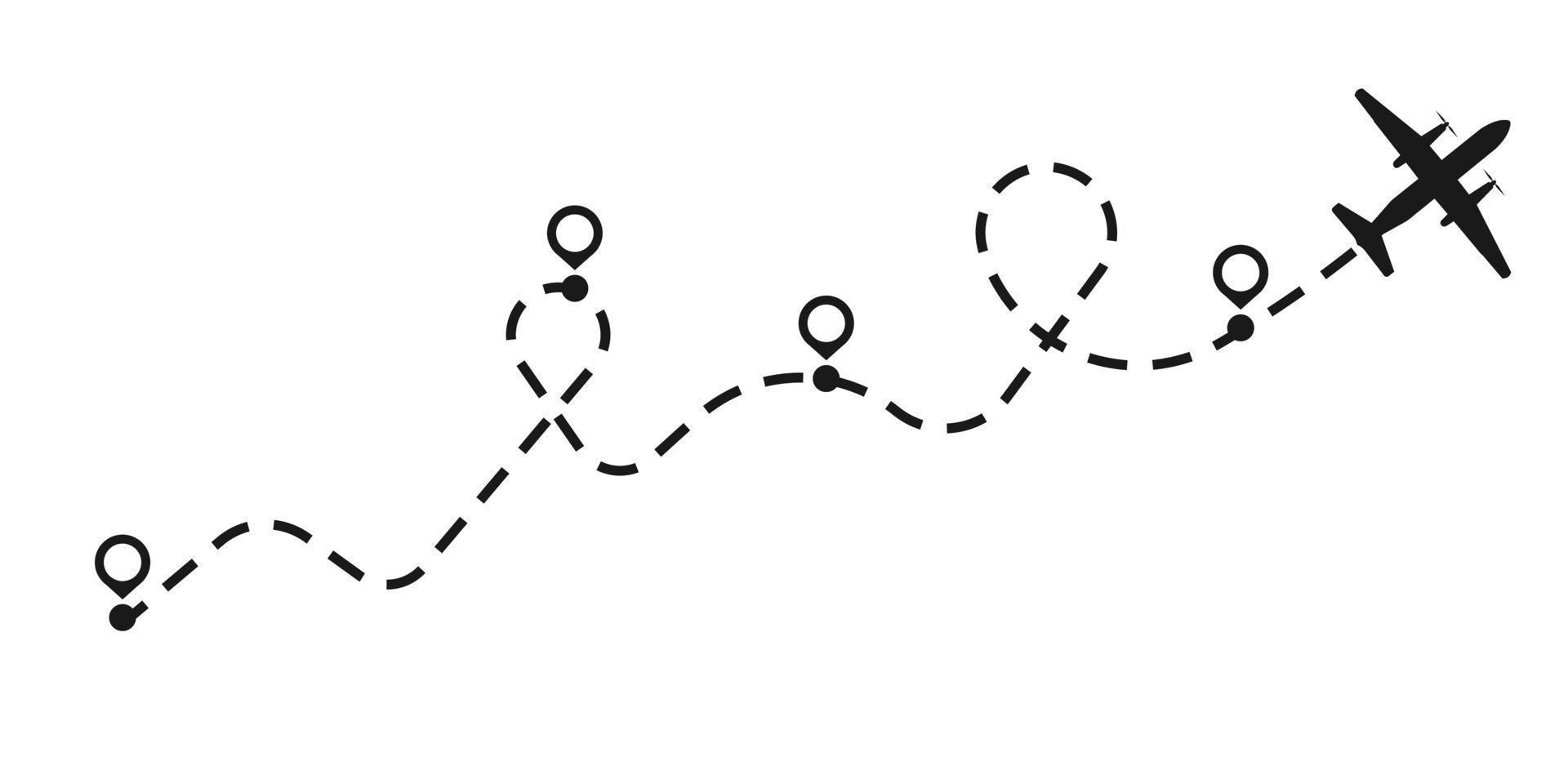Airplane dotted route line trip vector illustration. Flight transport plane black path trace traffic way. Dash silhouette point start travel