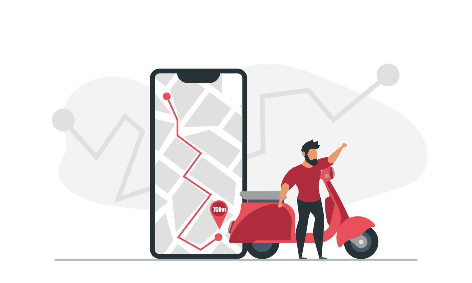 un hombre en un scooter usa un navegador en su teléfono para llegar a su ilustración de vector de destino