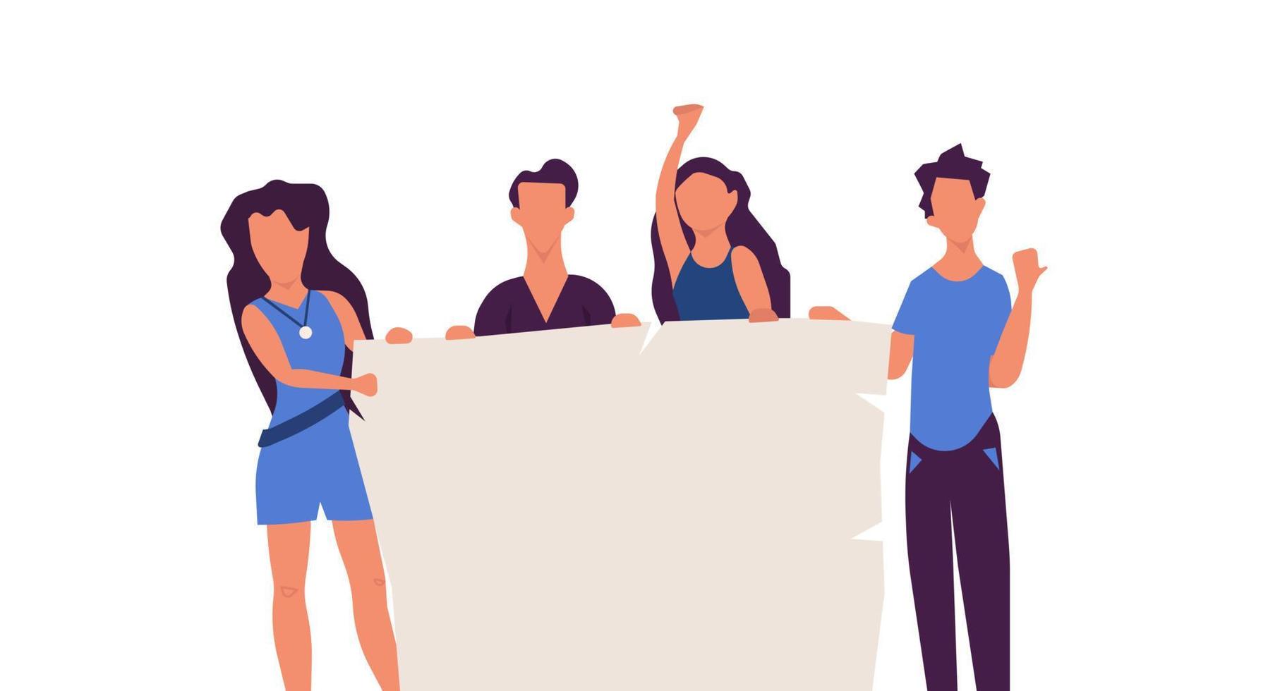 Standing people holding banner vector flat illustration. Character friend protest together blank. Group demonstration poster parade. Human activist community