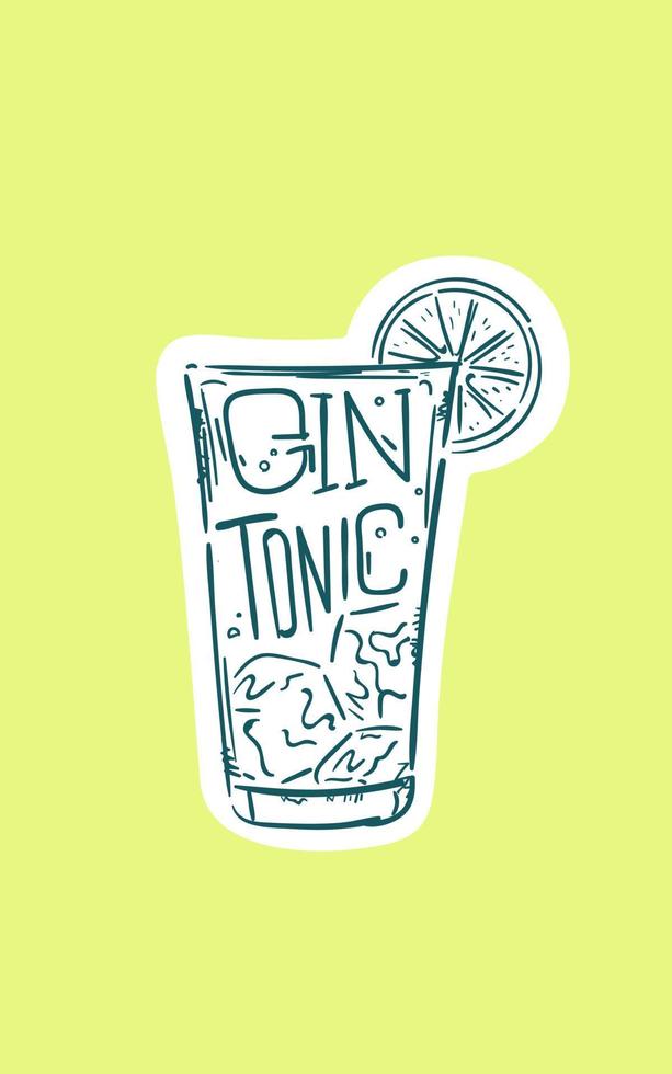 Hand Drawn Glass of Gin Tonic Cocktail. Drawing of a Summer Alcohol Drink on Bright Lemon Background. Speakeasy Classic Bar Cocktails. vector