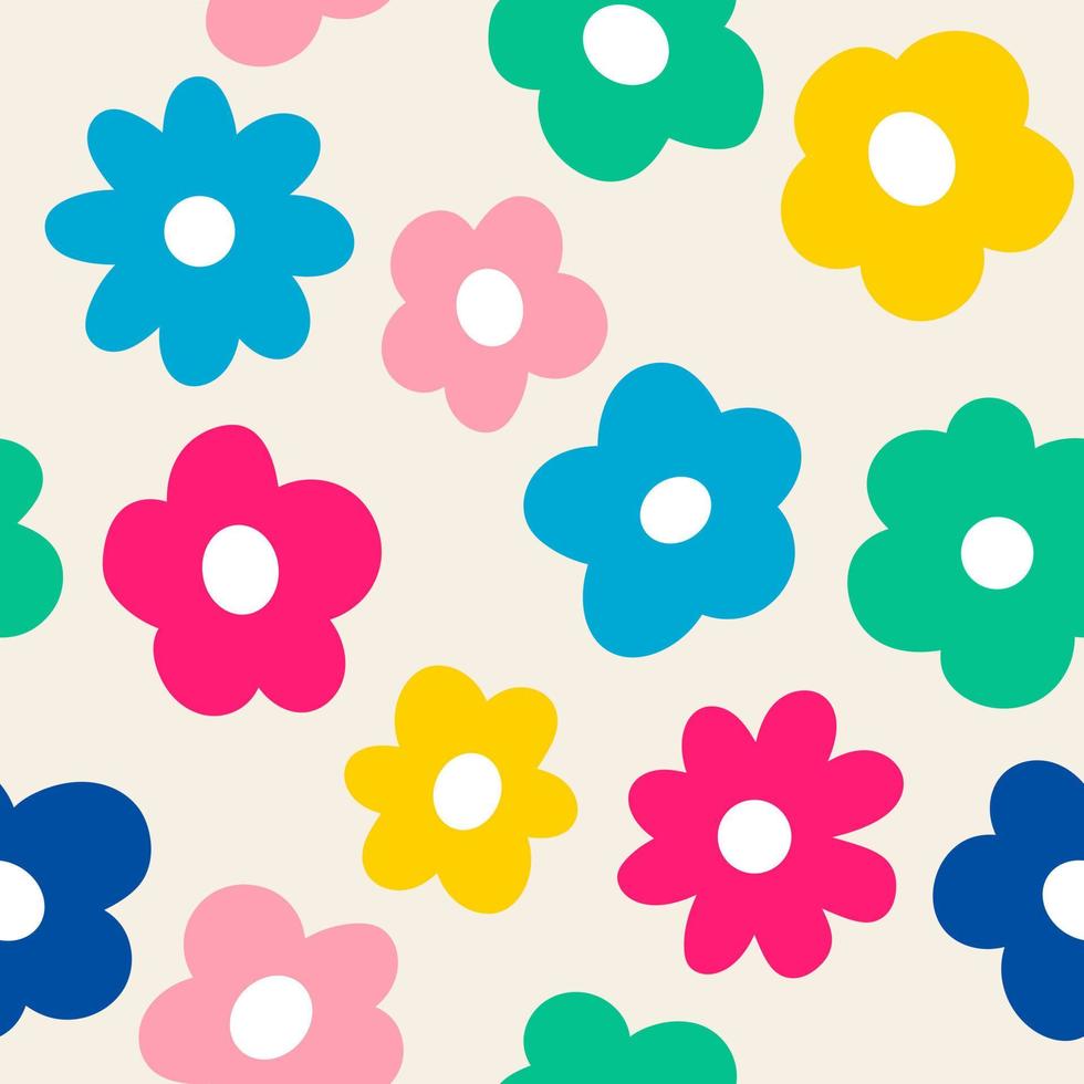 Abstract Colorful Flowers, Kids  Seamless Pattern. Crayon Drawing Style. Different Cartoon Flower Drawings, Flat design. Hand drawn Trendy Vector Illustration.