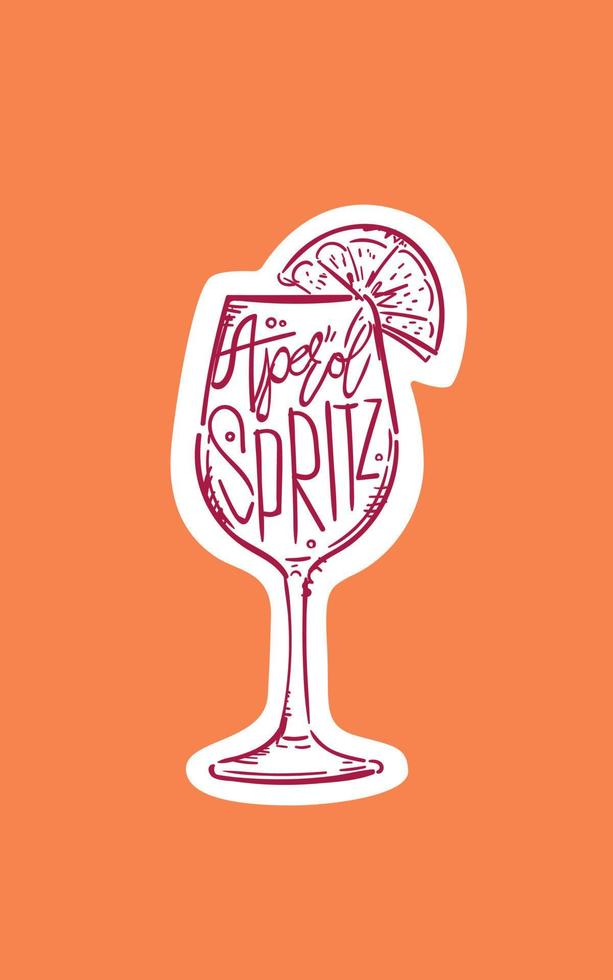 Hand Drawn Glass of Aperol Spritz Cocktail. Drawing of a Summer Alcohol Drink on Bright Orange Background. Speakeasy Classic Bar Cocktails. vector