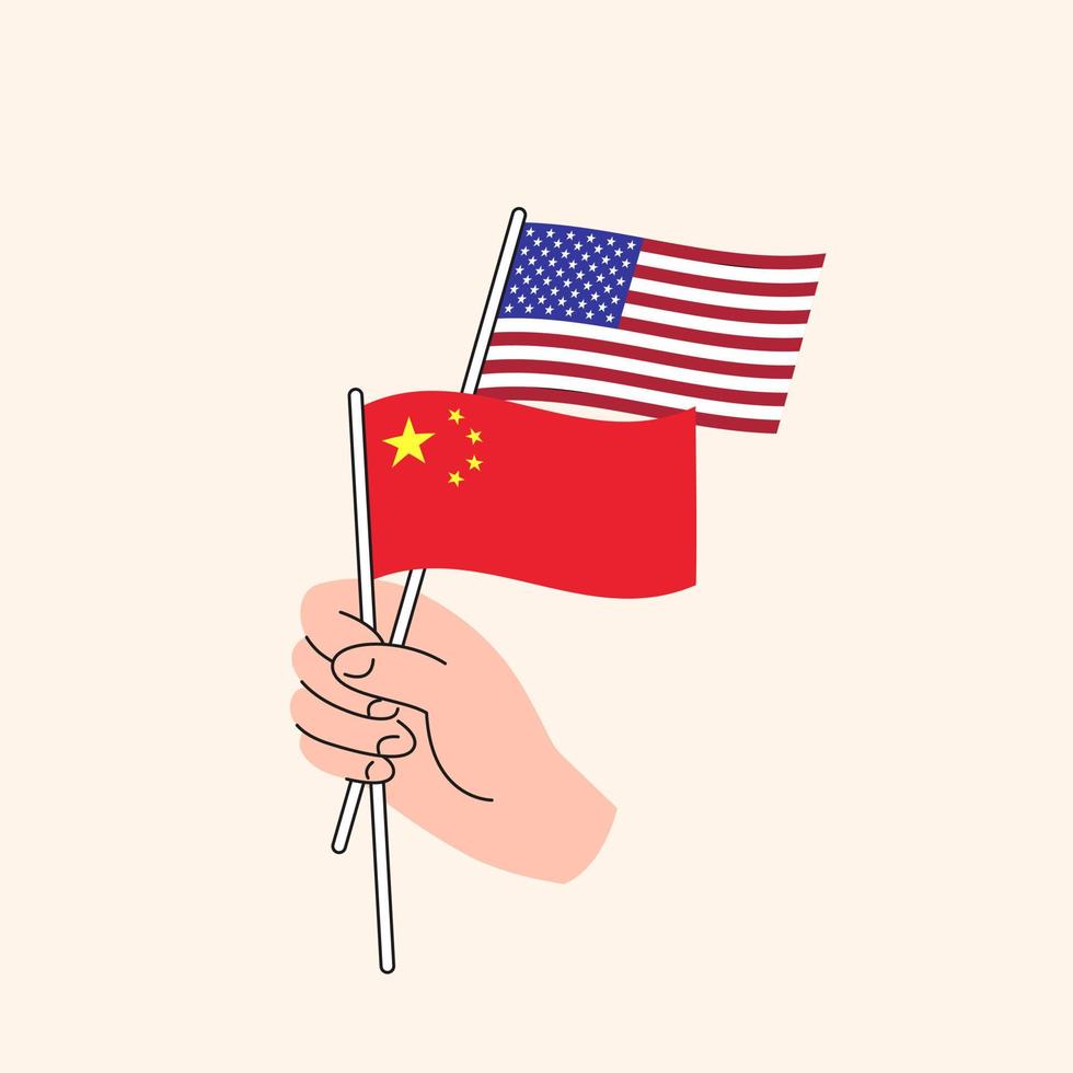 caricatura, mano, tenencia, estados unidos, y, chino, banderas. nosotros relaciones chinas. concepto de diplomacia, política y negociaciones democráticas. vector aislado de diseño plano