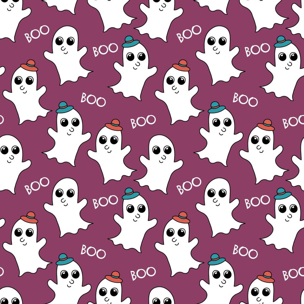Halloween pattern. Cute cartoon ghosts and text Boo. Halloween doodle seamless background. Colorful hand drawn funny vector illustraton