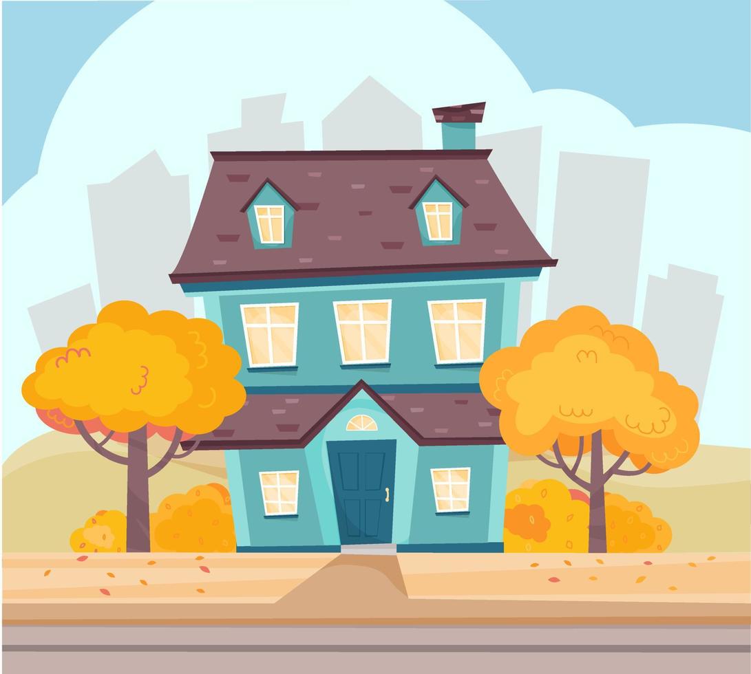 paisaje otoñal con linda casa cerca de la carretera, casa en suburbio de gran sidad. barrio suburbano en época otoñal. ilustración vectorial en estilo de dibujos animados planos. vector