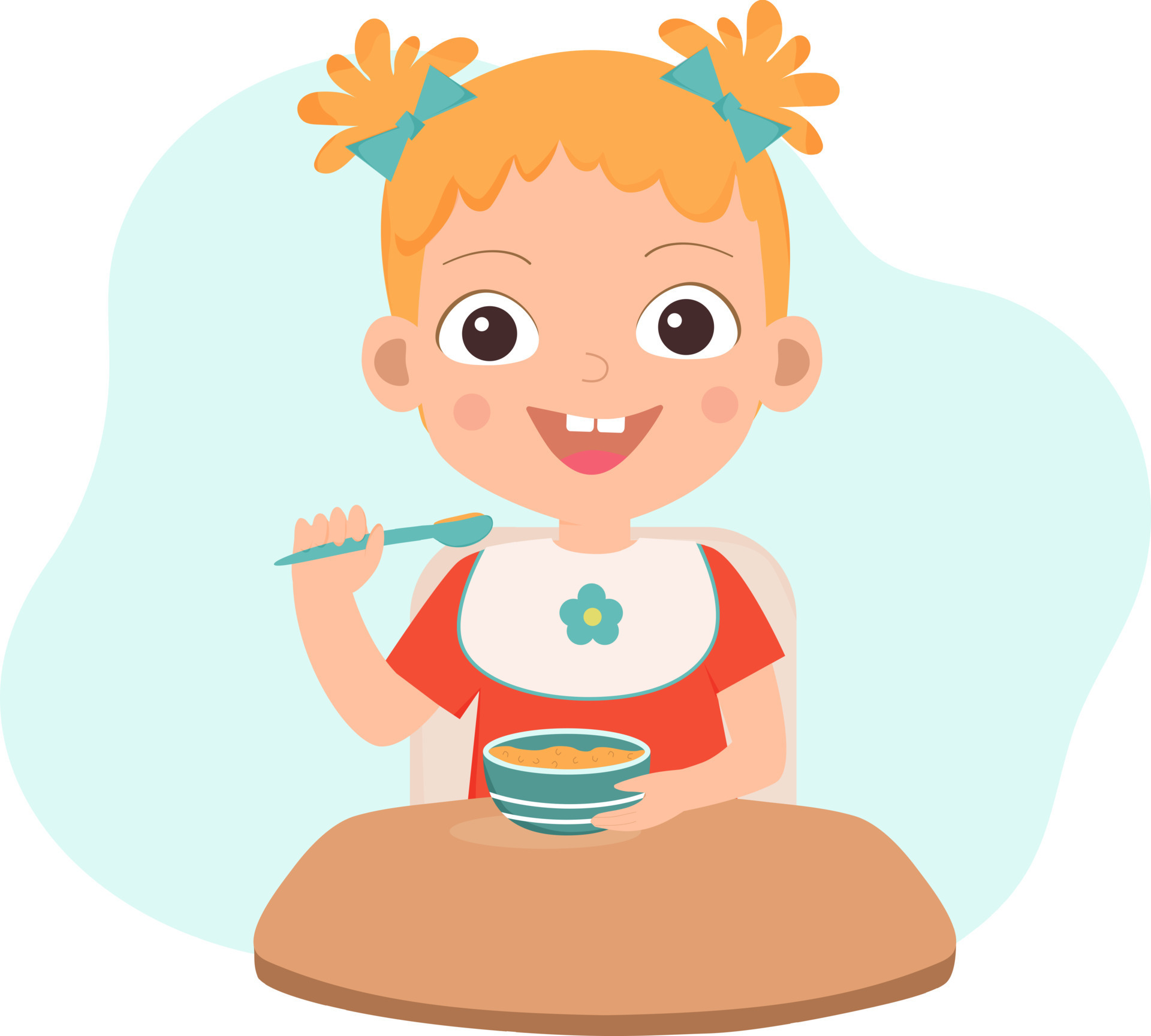 Baby girl has a meal. Cartoon character. Smiling little girl qith a plate  of porridg and spoon. Baby food. Flat vector illustration. 10905275 Vector  Art at Vecteezy