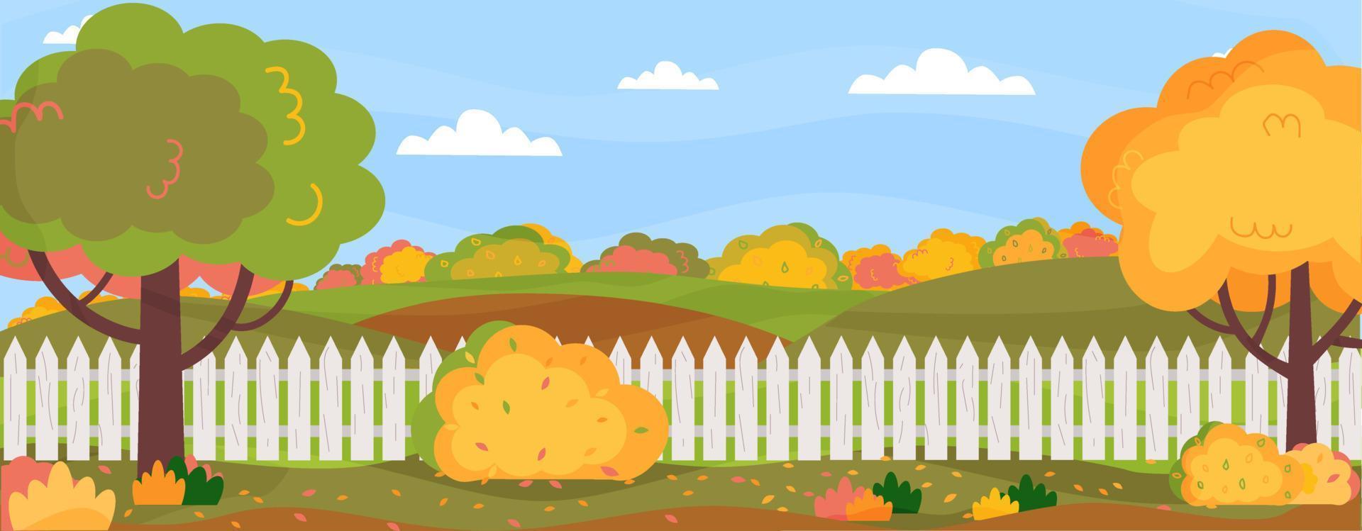 banner horizontal con paisaje otoñal.jardín, patio trasero, granja en árboles de otoño, arbustos, hierba, flores, césped, valla. ilustración vectorial en estilo plano. vector