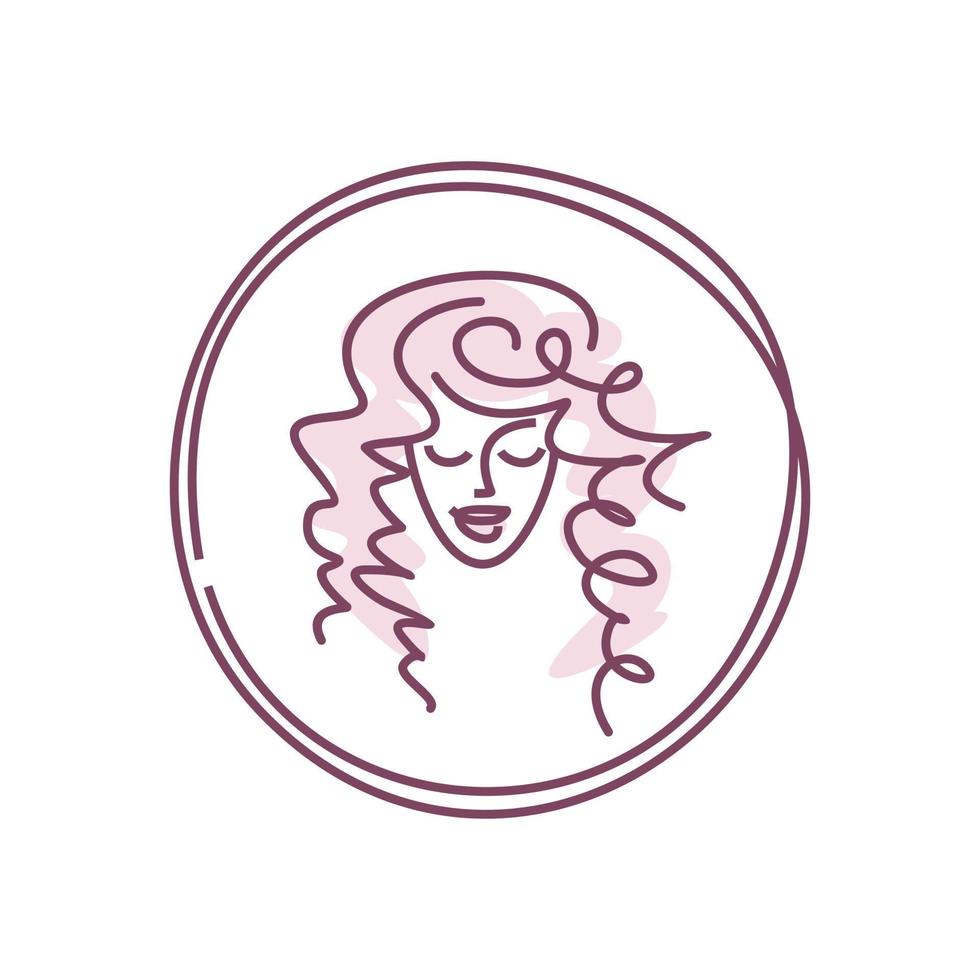 logotipo de la cara redonda. cara de niña - icono de salón de belleza. peluquería, cuidado del cabello. peinado y maquillaje. cosmetología vector