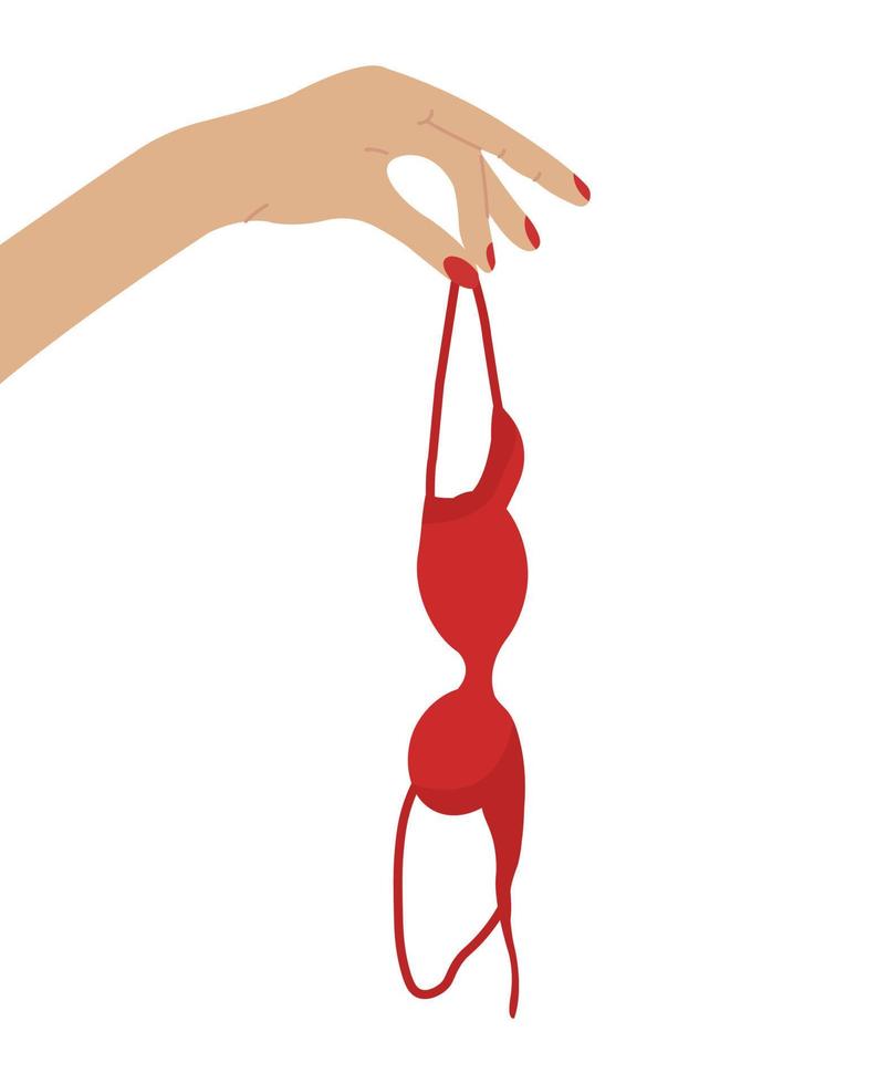 Hand holding red bra in consept of breast awareness. Brassiere hanging isolated. vector