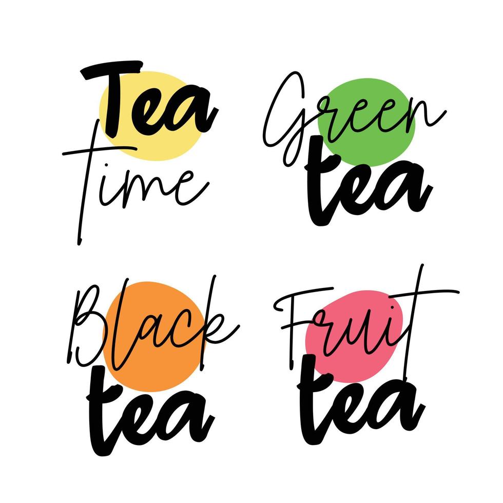 Diverse tea labels and names in set for packaging print. Fruit, black, green tea in trendy design. vector