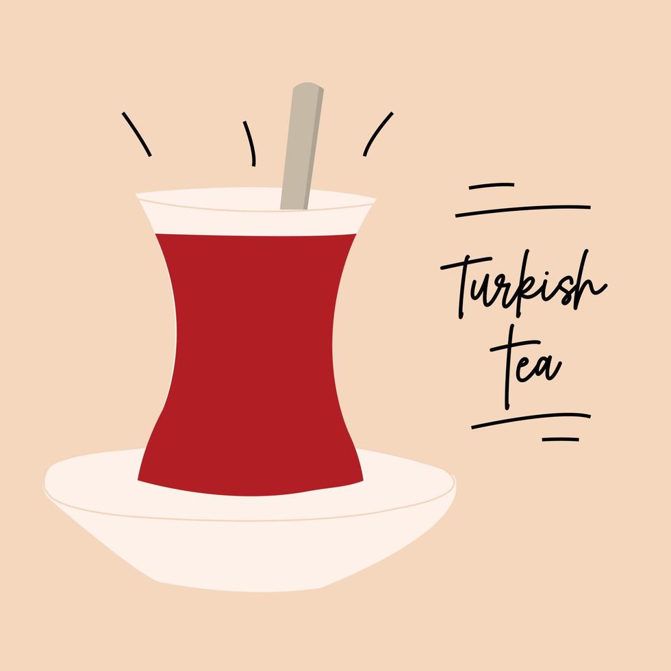 Turkish tea glass flat illustration. Hot black tea. vector