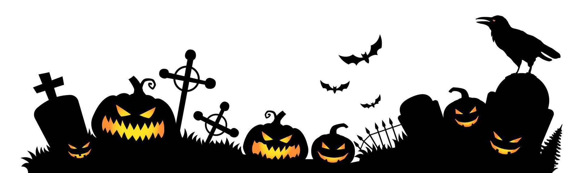 Spooky midnight graveyard. Horizontal vector banner for Halloween holiday. Silhouette of bats, pumpkins, crow etc.