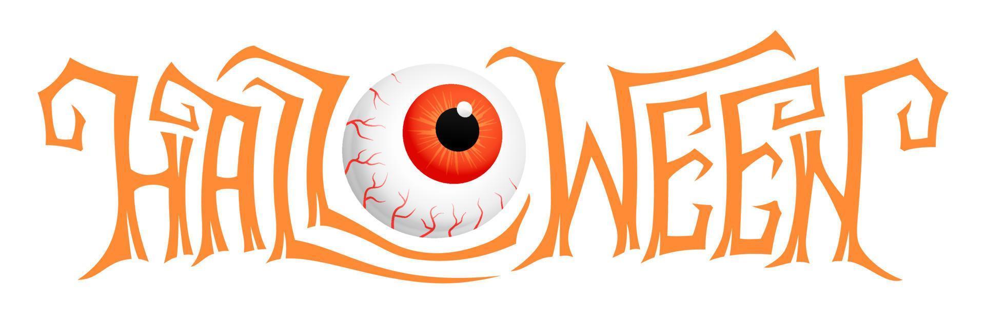 letras creativas de halloween con globo ocular realista. banner vectorial horizontal para la fiesta de halloween. vector