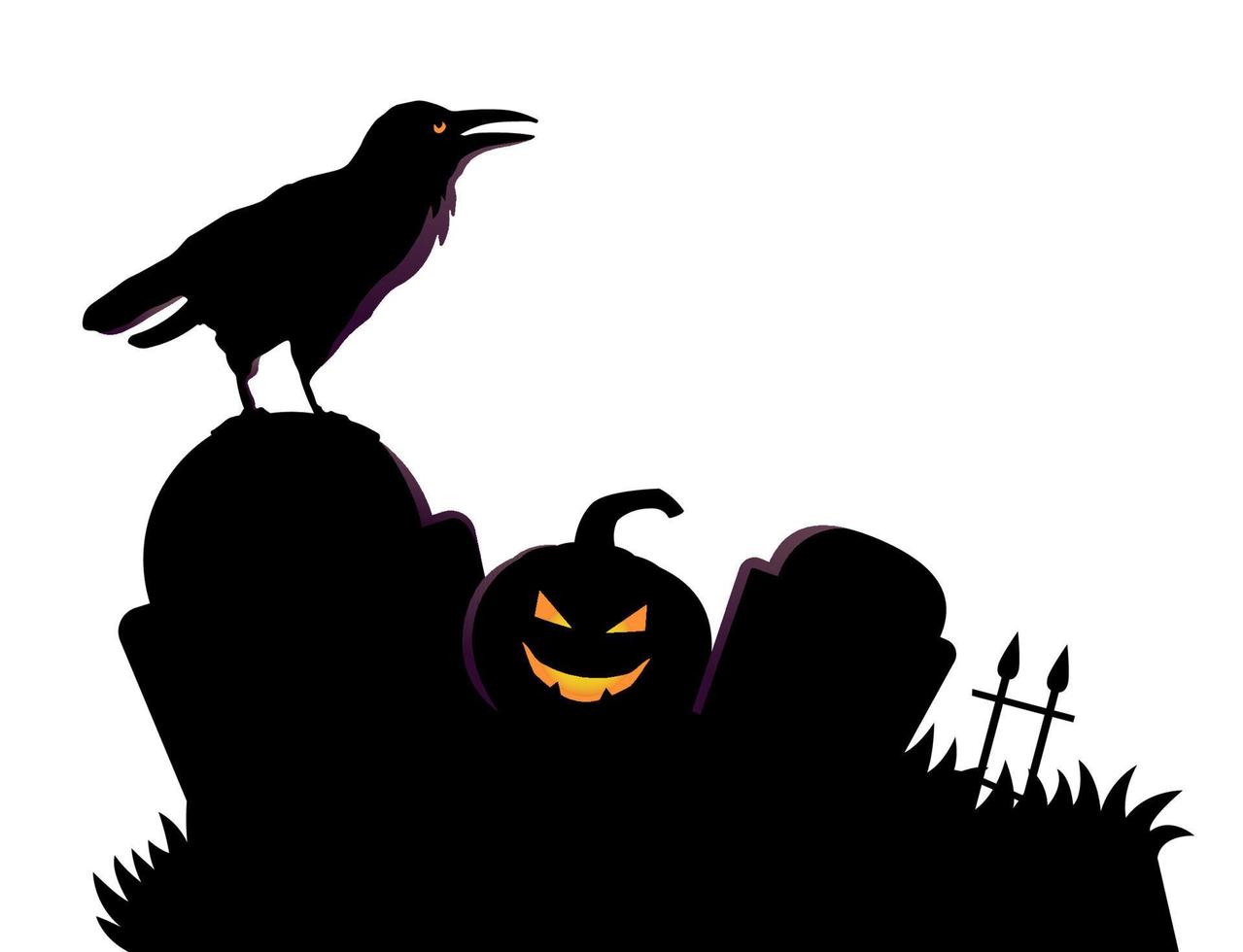 Midnight graveyard silhouette with crow and pumpkin. Spooky Halloween vector illustration.
