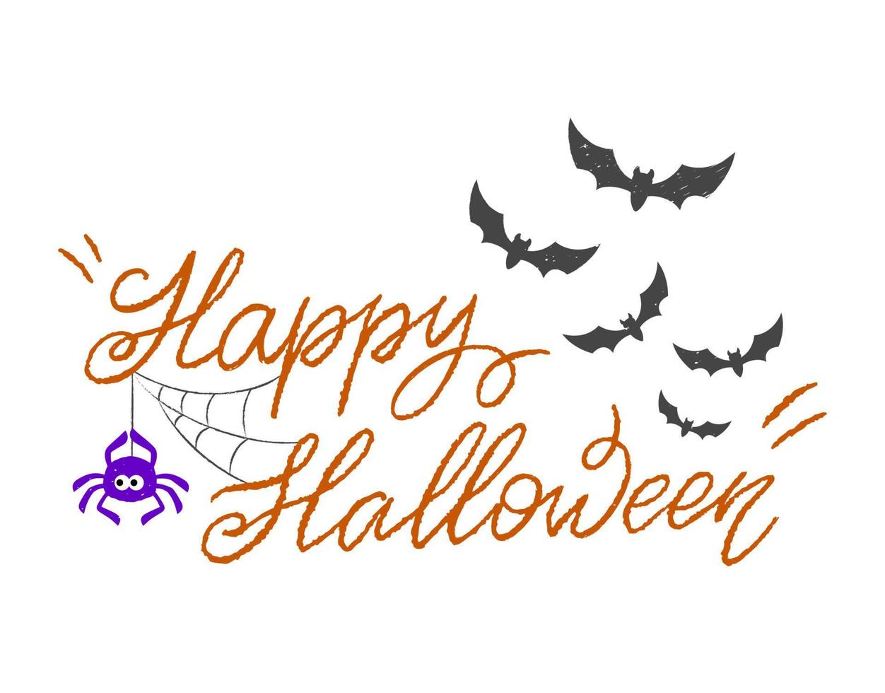 letras de feliz halloween con telaraña y murciélagos. texto de caligrafía escrito a mano para fiesta de halloween o tarjeta de invitación. vector