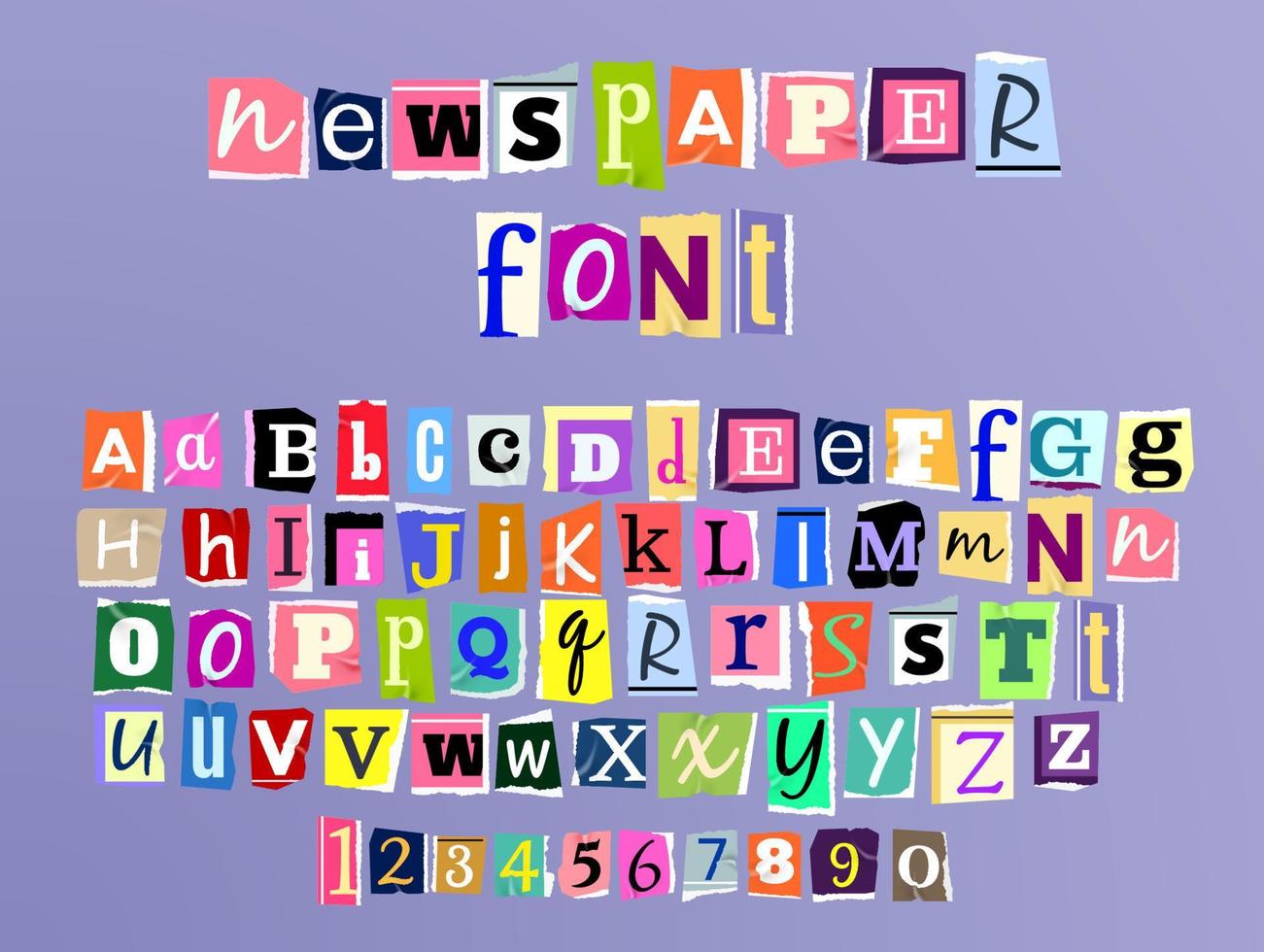 Vector illustration of colorful alphabet with lowercase and uppercase letters and numbers made in newspaper style isolated on purple background