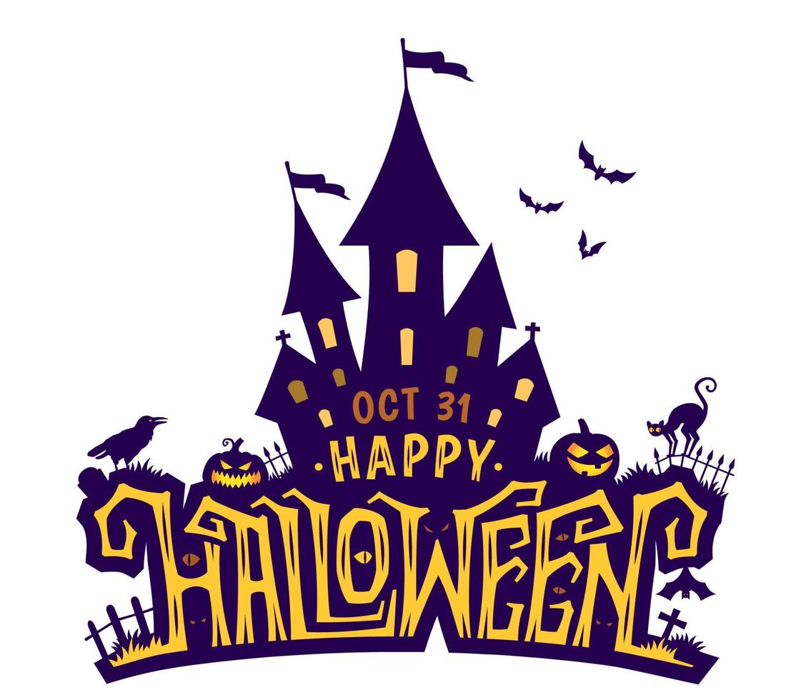 Halloween creative text with fairy castle and thematic elements as bats, cat, pumpkins, tombstone. Isolated greeting illustration for Halloween party. vector