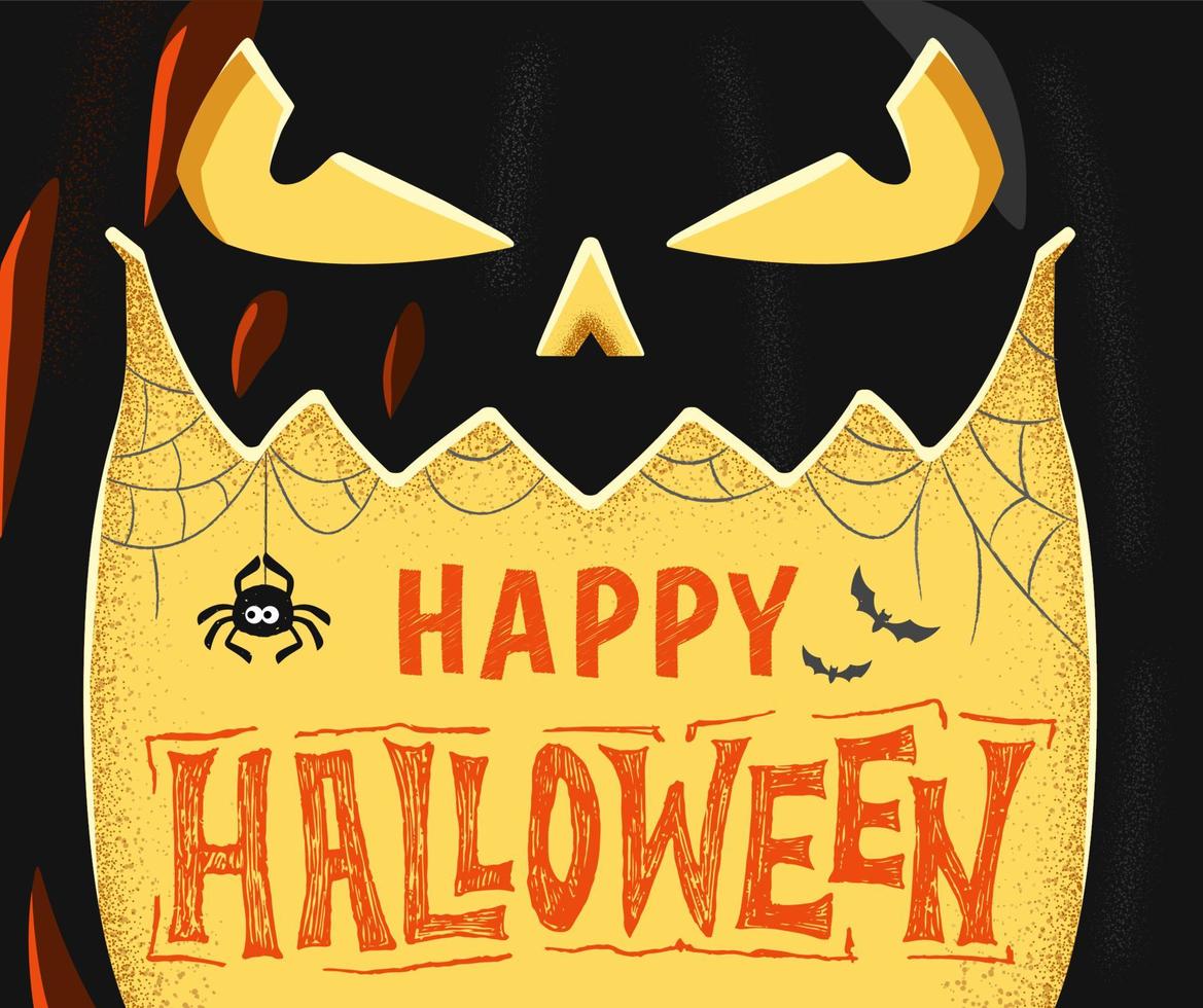 cara de monstruo de primer plano. ilustración vectorial de cara espeluznante de jack o linterna con inscripción de feliz halloween diseñada para banner vector