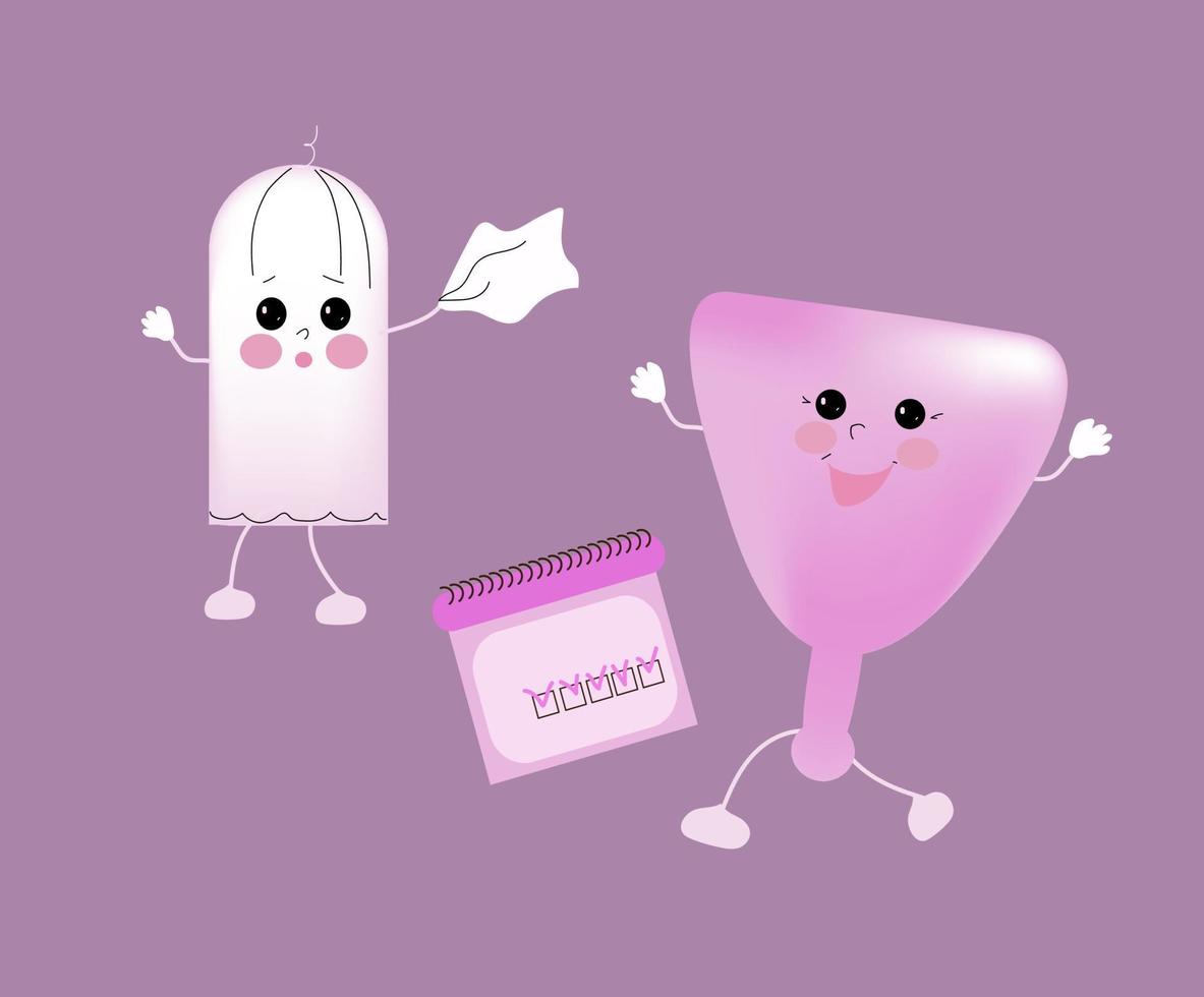 carácter de tampón y copa menstrual, higiene femenina de productos de déficit problemático, ilustración de dibujos animados vectoriales, vector
